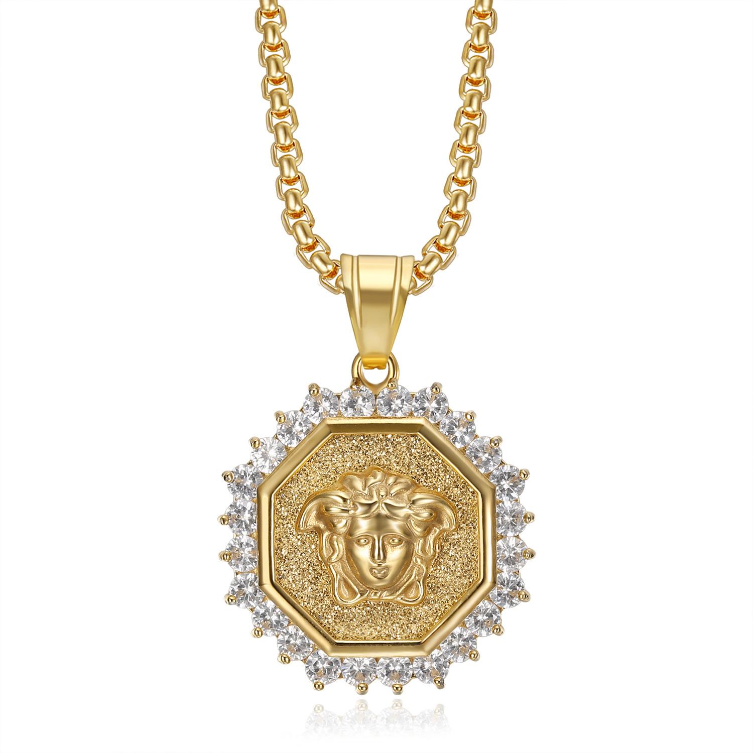 2026 Jewelry Fashion Trend Inlaid Zircon Hexagonal Full Diamond Greek Mythology Pendant Necklace Men s Jewelry Accessories 60CM