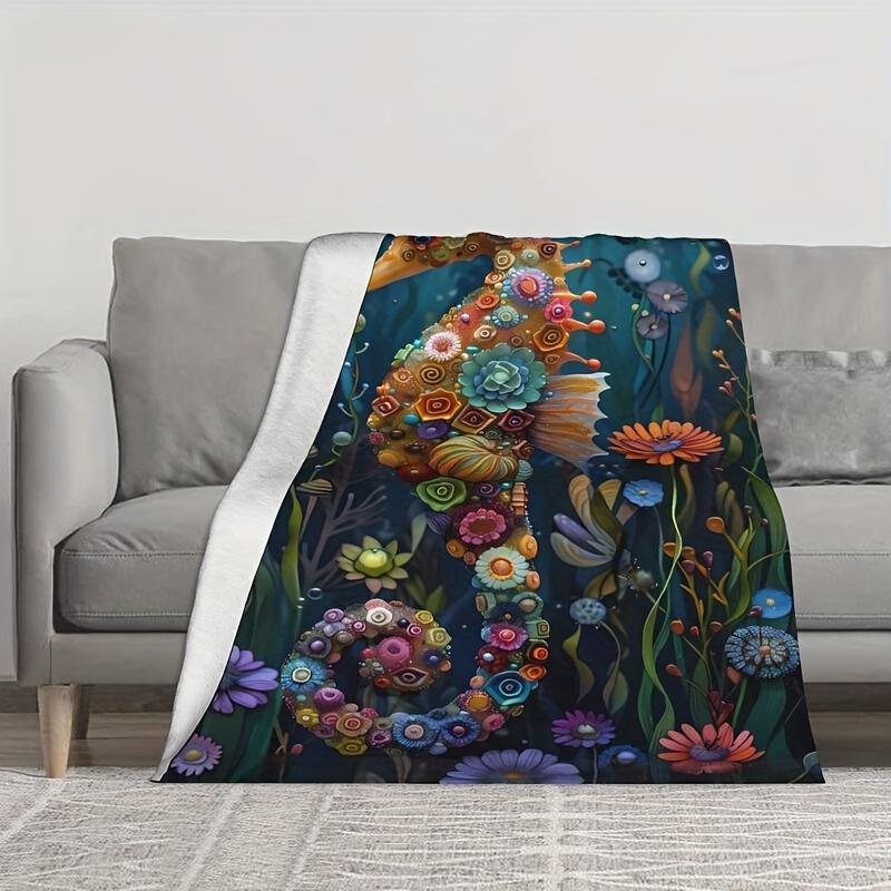 Floral Seahorse Digital Print Flannel Blanket, Shawl Blanket, Soft, Warm, Lightweight,Machine Washable, All Season,Multi-purpose