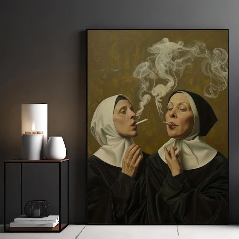 Whimsical Nun Smoking Habit Art Poster for Home Decor 11.8x15.7in/30x40cm