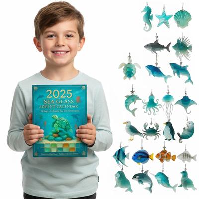 Marine Life Christmas Advent Calendar with 24 2D Flat Ocean Animals Ornaments Holiday Countdown Calendar for Xmas Tree Decor