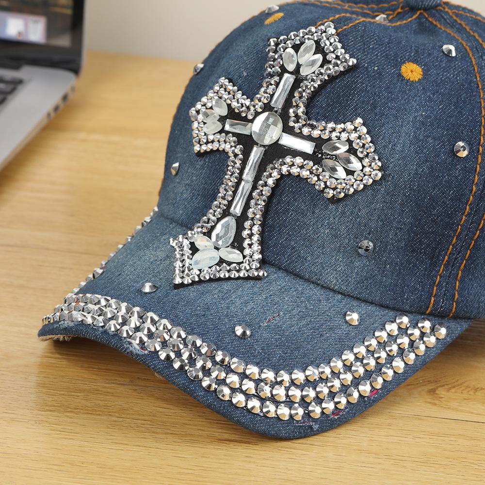 Cross-Border New Oversized Denim Baseball Cap Sparkling Diamonds Crow Heart Design Good-Looking Affordable Direct Manufacturer