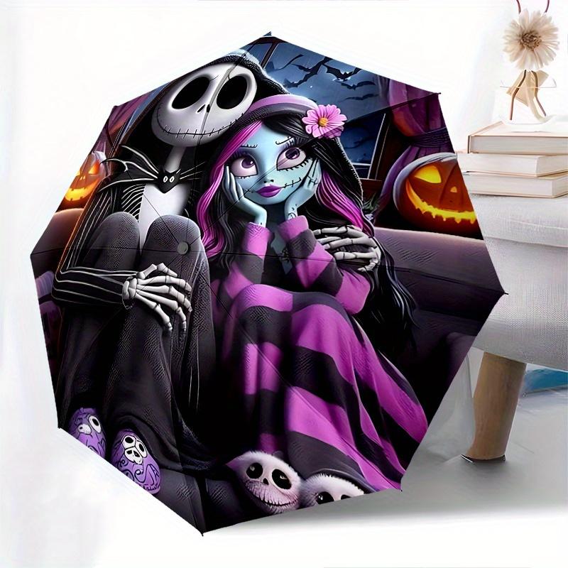1 Auto Open Jack Skellington, Sally Themed Colorful 8 rib Portable Umbrella for Men and Women, A Compact Commuting Companion Suitable for Da