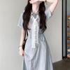 Elegant Women's French-Style Blue Summer Shirt Dress with Waist-Cinching and Long Silhouette
