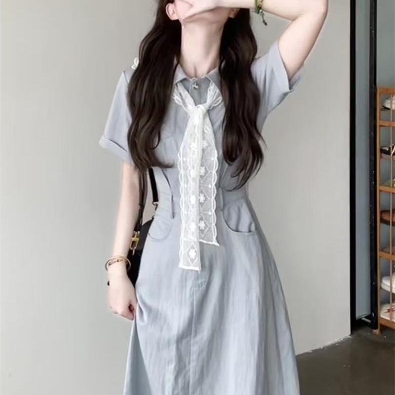 Elegant Women's French-Style Blue Summer Shirt Dress with Waist-Cinching and Long Silhouette
