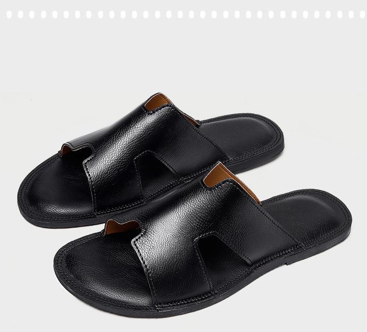 Men's Genuine Leather Cross Strap Slip-on Slippers, Size 46-47, Non-slip Outdoor Beach Flip Flops