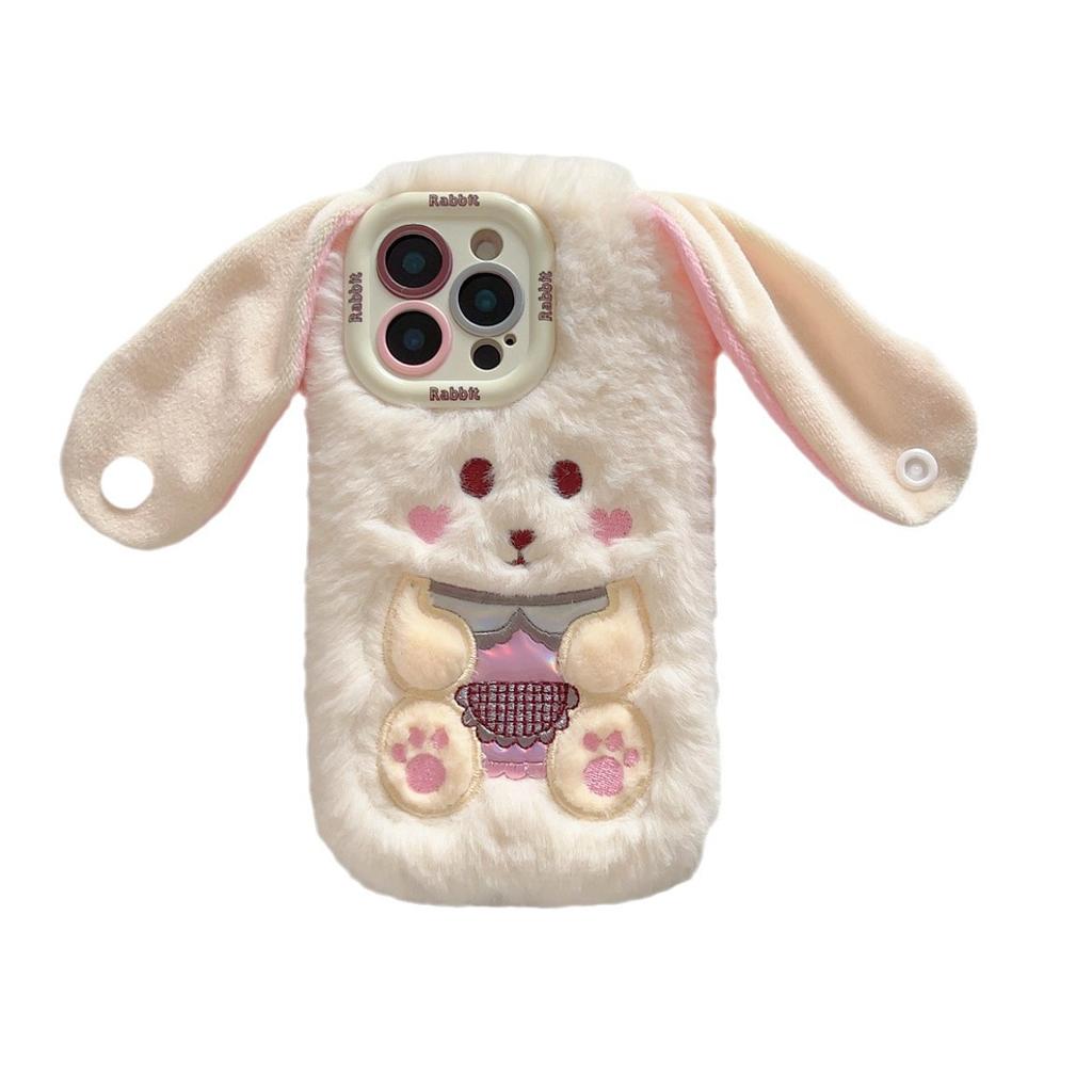 Plush big-eared rabbit mobile phone case for Apple 16PROMAX lens holder 15 autumn and winter 11 furry 13/14