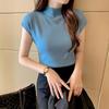 2025 Women's Black Ice Silk Semi-High Neck Short Sleeve Knitted T-Shirt