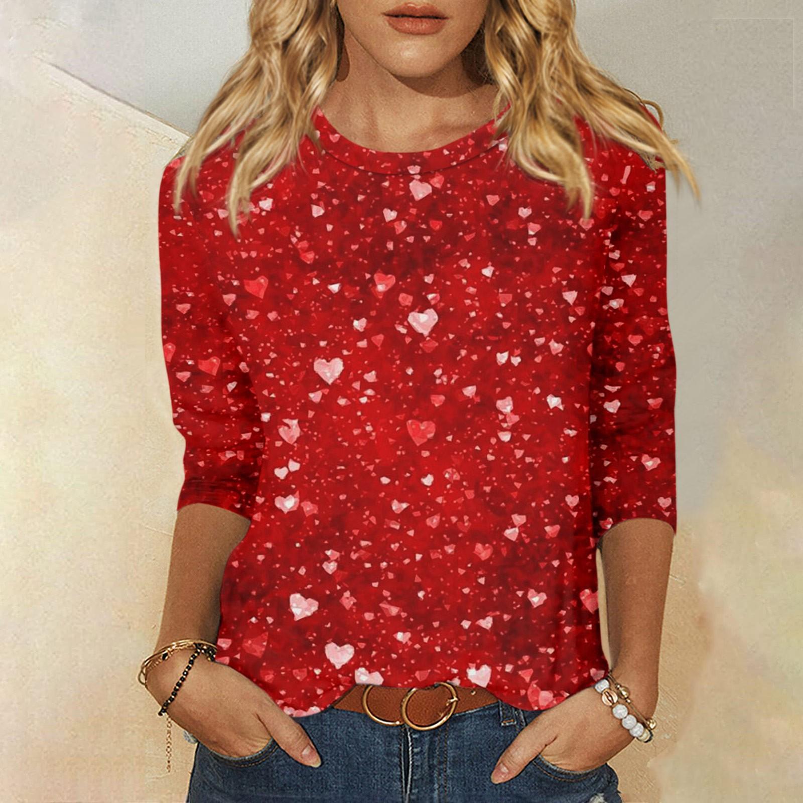

Женская мода, повседневная свободная футболка с принтом на День святого Валентина и круглым вырезом, рукав 3/4, женский топ S