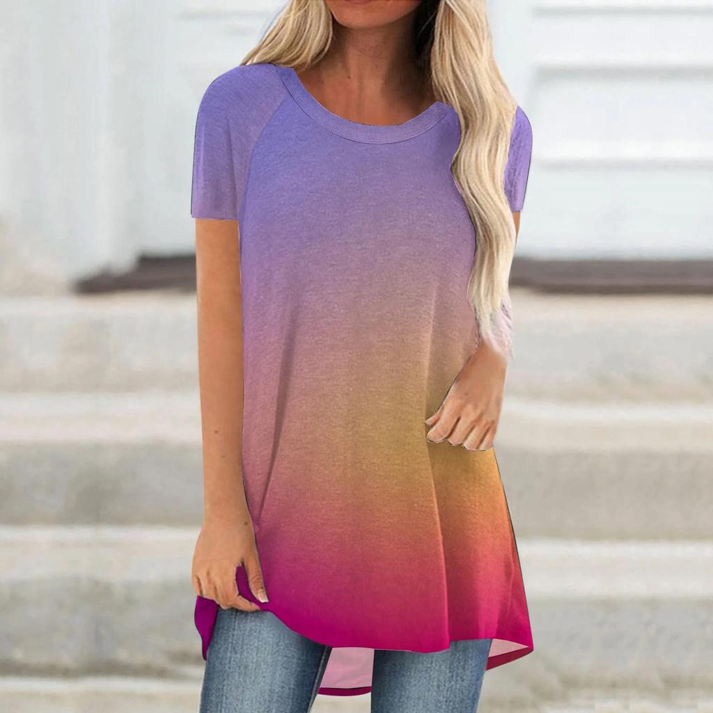 Gradient Color 3D Print Long T-Shirts Women Casual Streetwear Oversized O-Neck Short Sleeve T Shirt Y2K Tops Tees Woman Clothing