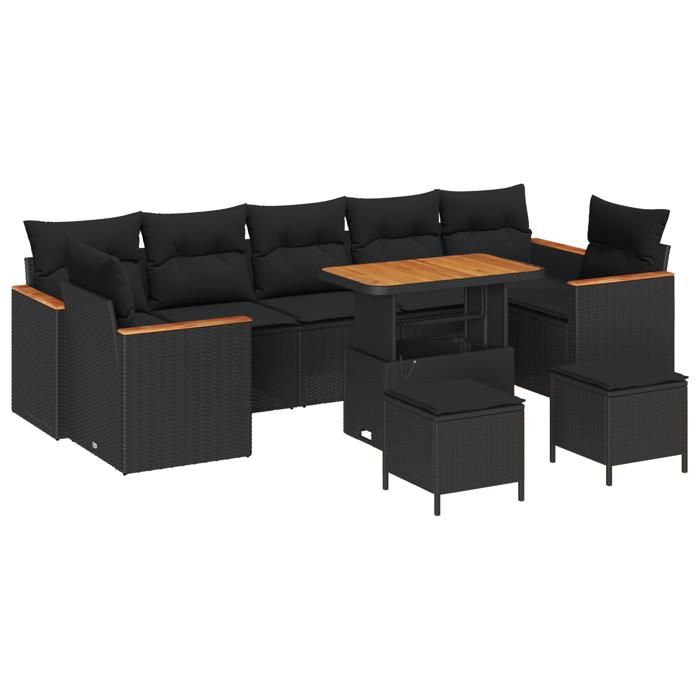 Ensemble de Canapé de Jardin 10 Pièces avec Coussins Noir Poly Rattan Acacia, Ensemble de Dîner de Jardin 3 Pièces 3364979