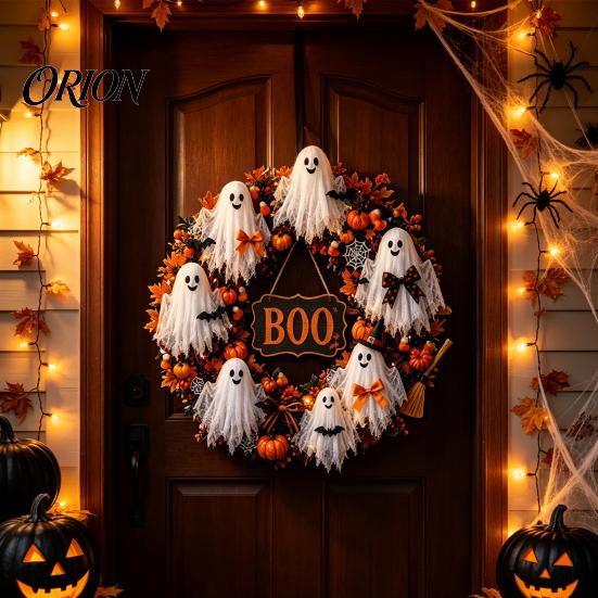 Window Hanging Ornament Halloween Boo Ghost Wreath, Spooky Door Decoration with Pumpkins Wreath And Spider Webs for Front Porch, Farmhouse Wall Decor