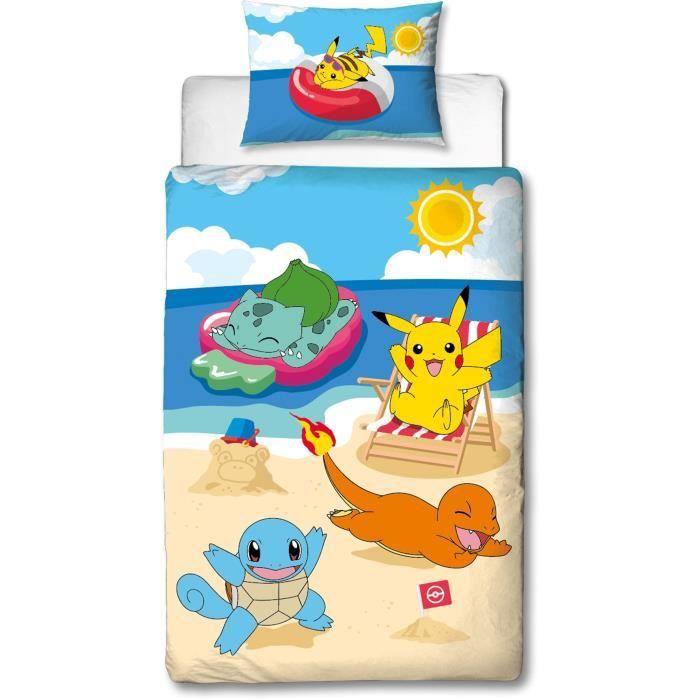 Parure De Lit - POKEMON - Pikachu Et Ses Amis À La Plage - Microfibre - 1 Housse De Couette 140 X 200 Cm + 1 Taie 63 X 63 Cm
