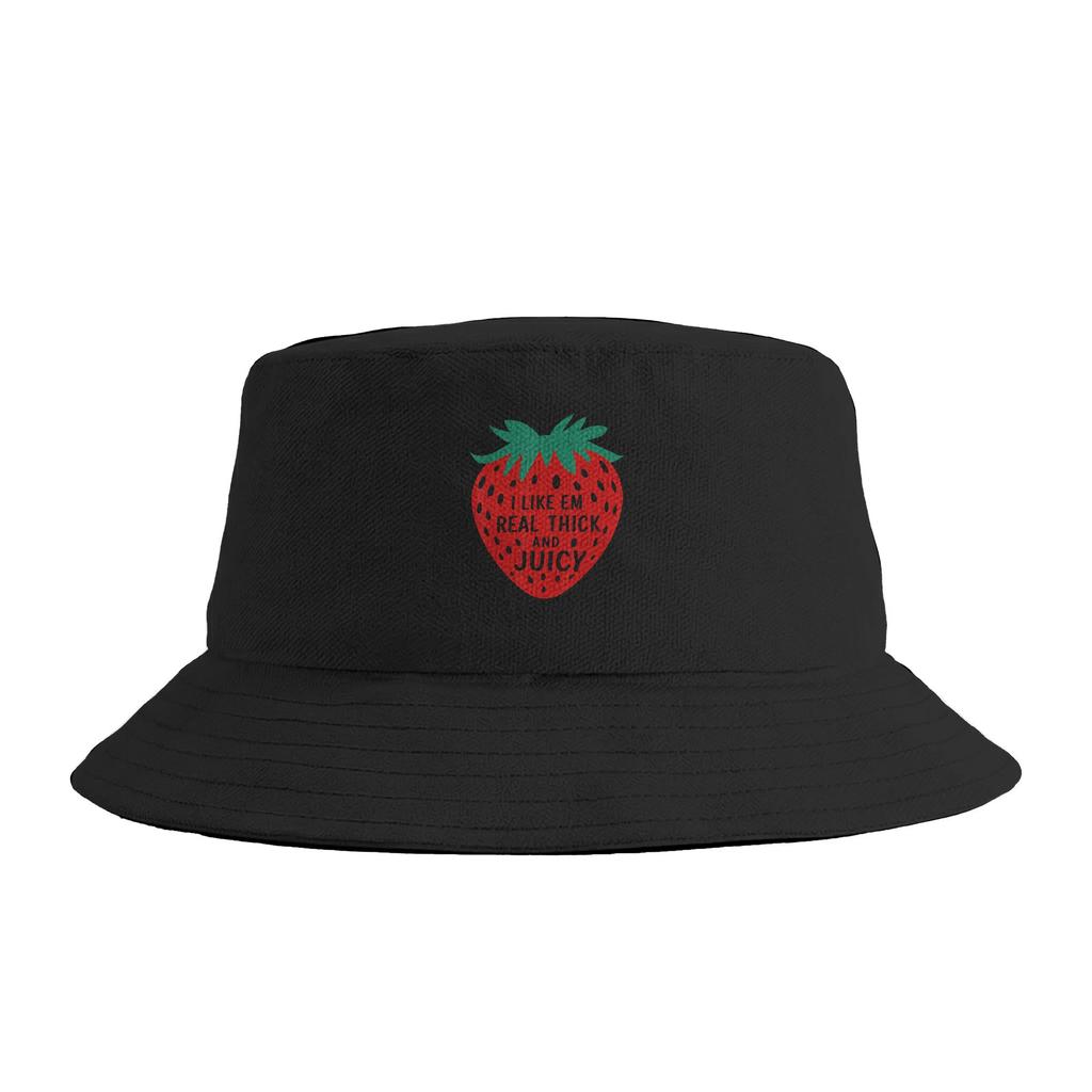 I Like Em Real Thick And Juicy Funny Strawberry Bucket Hat Summer Casual FisherUnisex Hats For Couple Breathable Fishing Caps