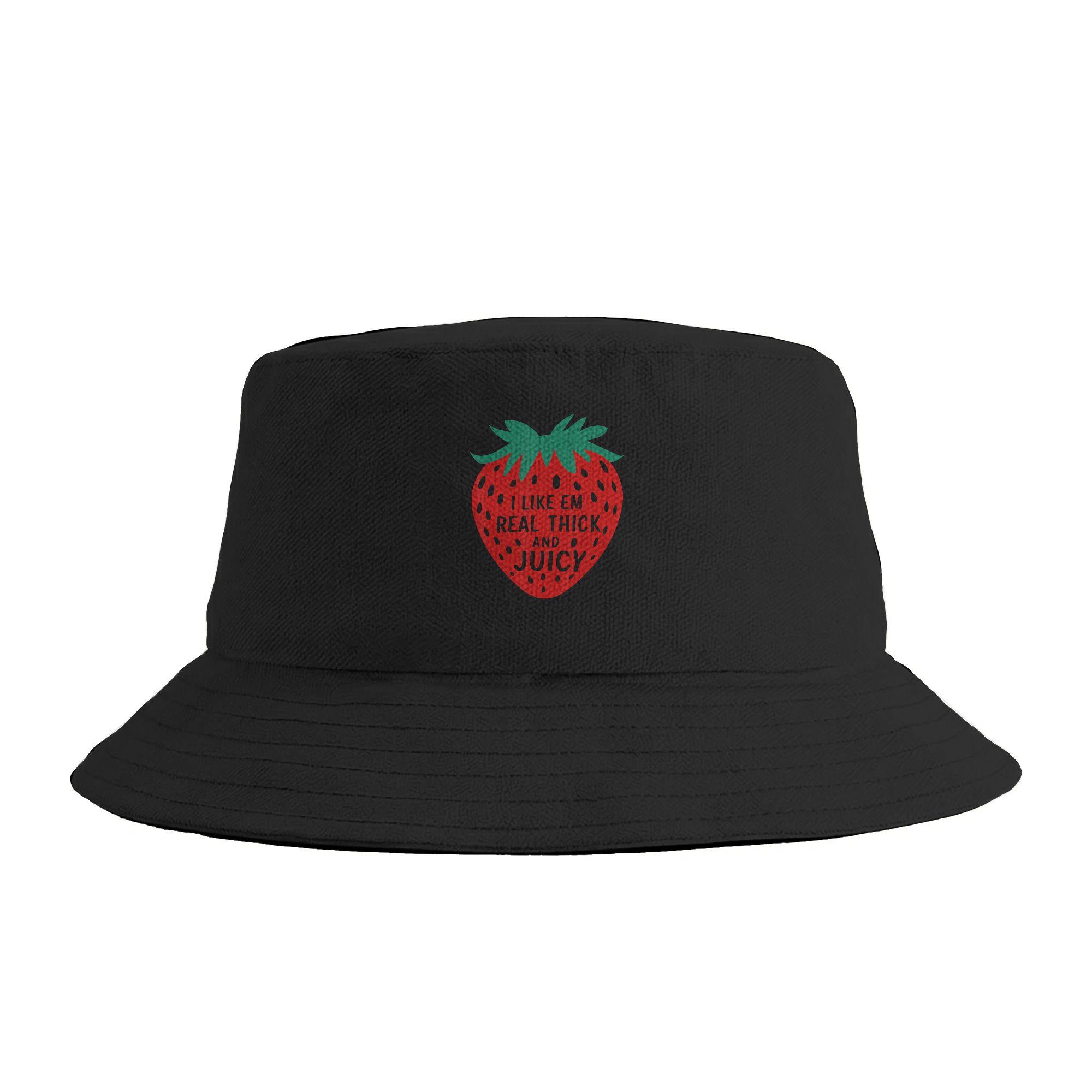 I Like Em Real Thick And Juicy Funny Strawberry Bucket Hat Summer Casual FisherUnisex Hats For Couple Breathable Fishing Caps One Size
