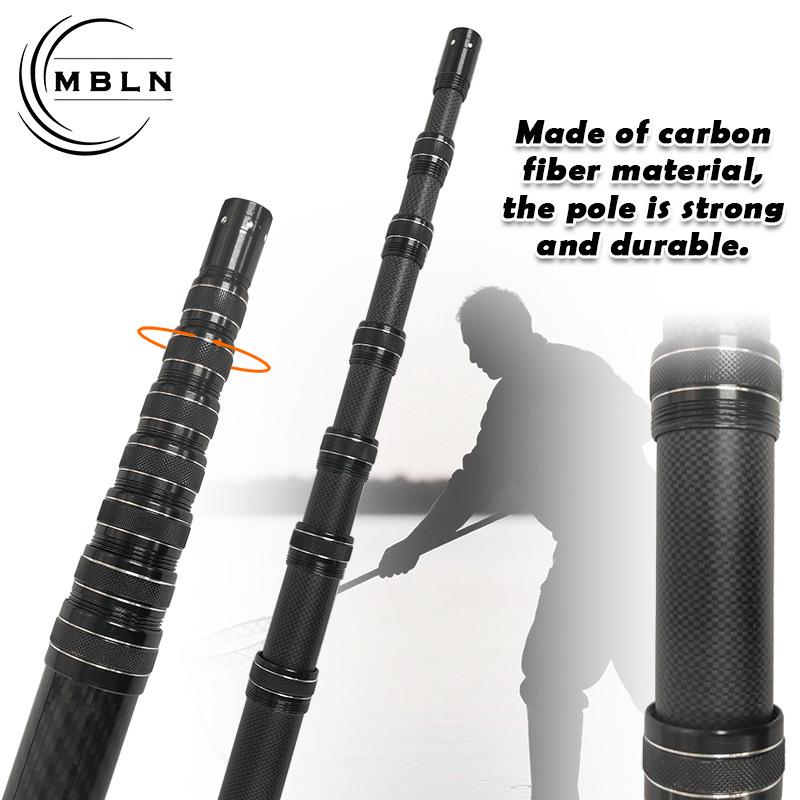 Ultra-compact retractable carbon fiber landing net handles: 58cm retracted, 336.5cm extended.