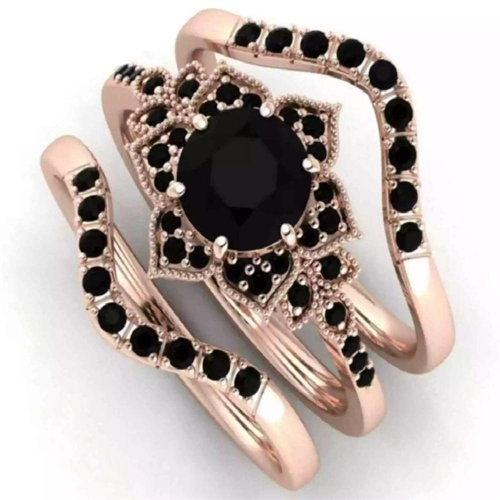 

Fashion Bridal Set Rings for Women With Black Rhinestone Zircon Ring 3Pcs/set Trendy Women Rings Wedding Engagement Jewelry Gift 5
