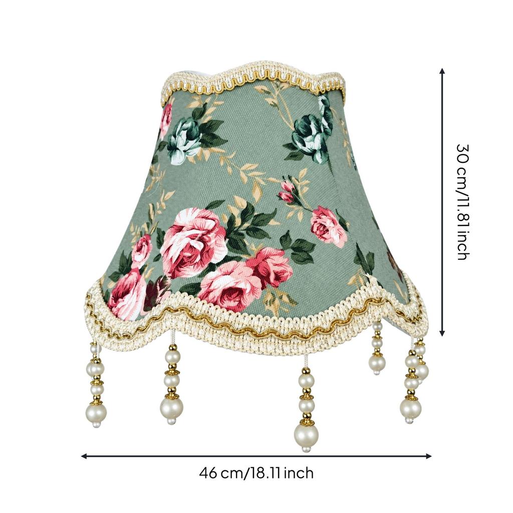 Floral Jacquard Lampshade Light Green with Hanging Bead Ornaments Tapered for Bedside