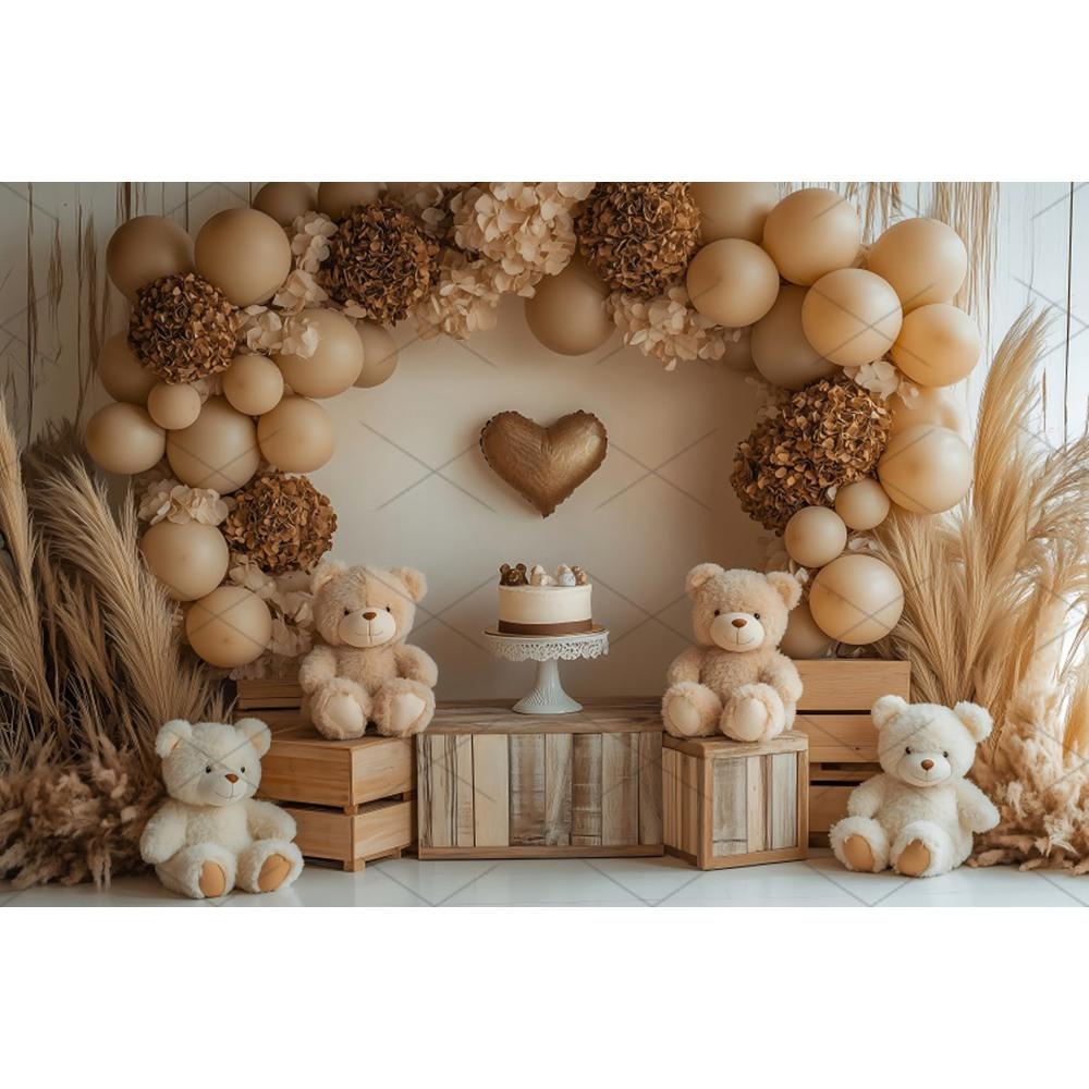 Boho Pampas Teddy Bear Photography Background Balloons Arch Tent Decor Cake Smash Baby 1st Birthday Indoor Photocall Backdrops