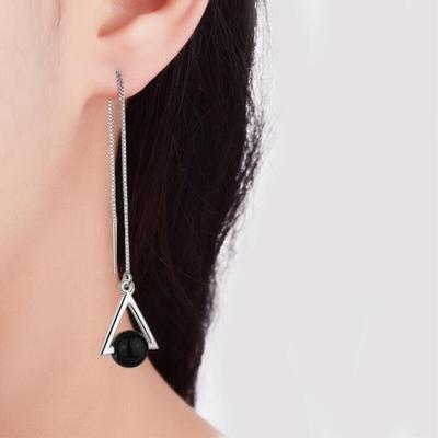 Magnifiques Bijoux Géométriques Triangle en Argent Sterling 925 Longues Boucles d'Oreilles Pendantes Exagérées avec Pendentif Gland en Cristal Noir Naturel E184