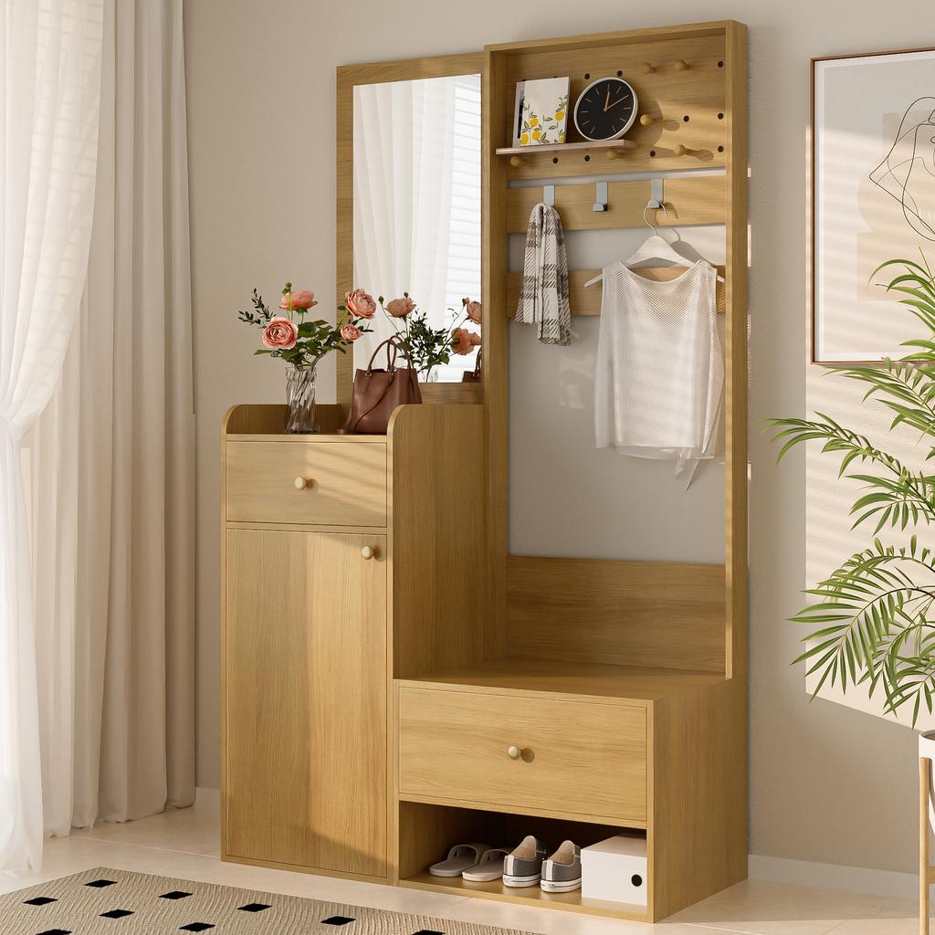 Compact Hallway Wardrobe, Entryway Shelf – Wood-Colored Storage with Mirror, Adjustable Hooks and Shelves for Shoes, Coats and Small Items, 105 Cm