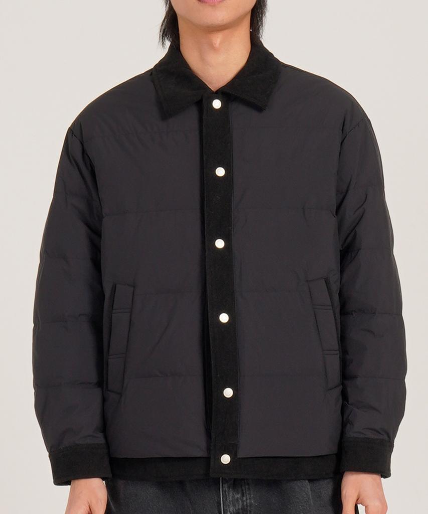 Button Seoul [Duck Down 80/20] Semi-Crop Corduroy Collar Padded Classic Jacket (Black)
