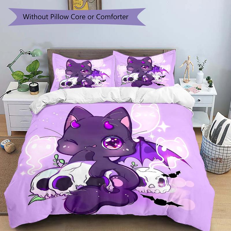 3pcs Kitten & Skeleton Bedding Set - 1 Soft Quilt Cover + 2 Pillowcases, Machine Washable - Suitable for All Seasons, Perfect Gift for Famil 135cm*200cm