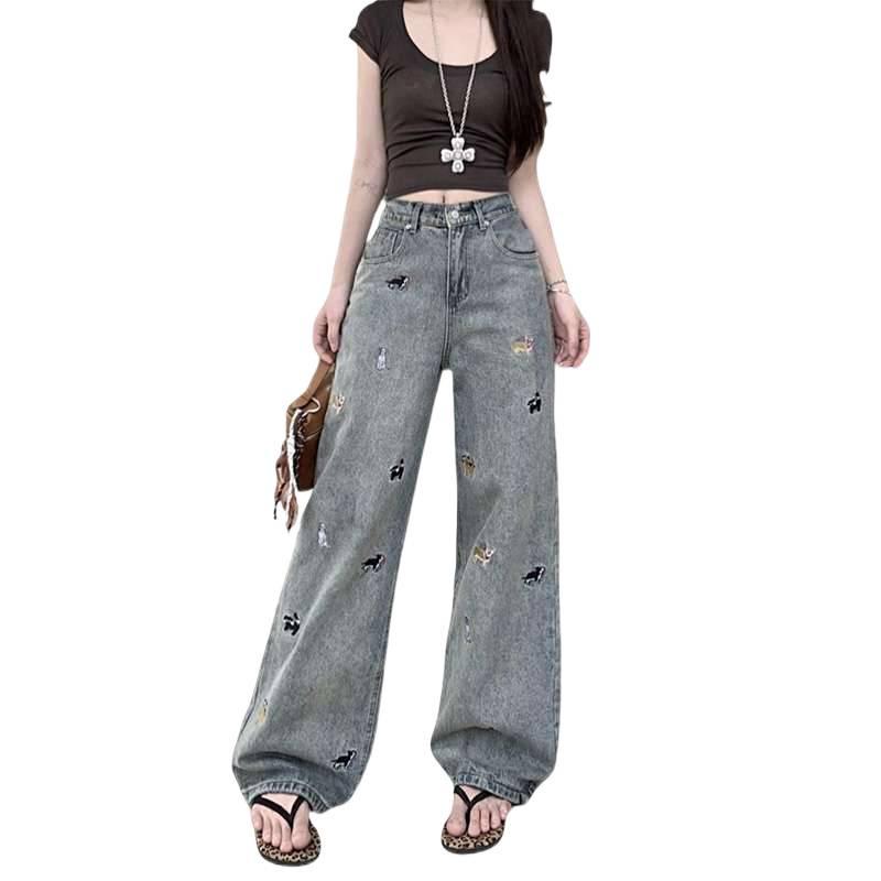 2026 Cartoon Embroidery High-Waisted Wide-Leg Jeans for Women - Autumn Petite Straight-Leg Design