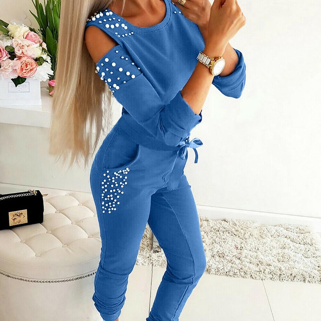 Women's Fashion Sexy Nail Bead Color Round Neck Long Sleeve Suit