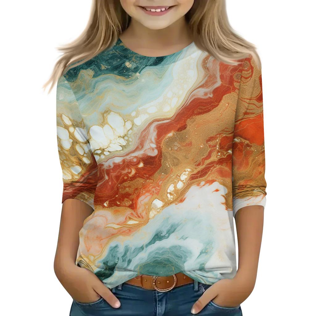 Print Tops For Youth Girls 5-16 Years Round Neck 3/4 Sleeves T-Shirts Trendy Tops Outfit Tees