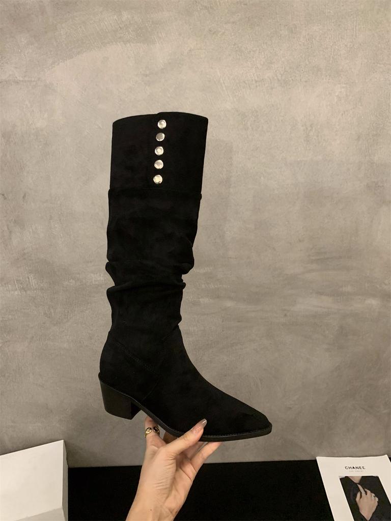 High Heel Coffee Suede Pile Medium Cycling Boots Shoes 2025 Winter Pointed Skinny Long Boots