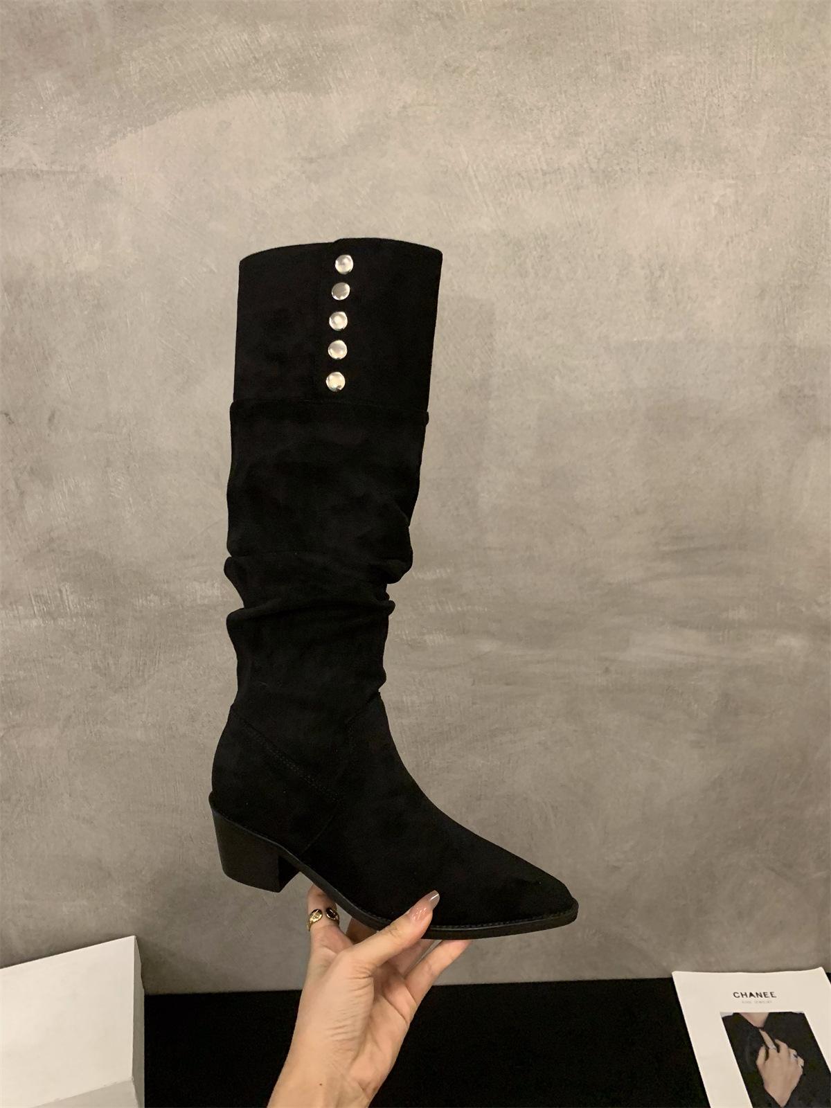 High Heel Coffee Suede Pile Medium Cycling Boots Shoes 2025 Winter Pointed Skinny Long Boots 35