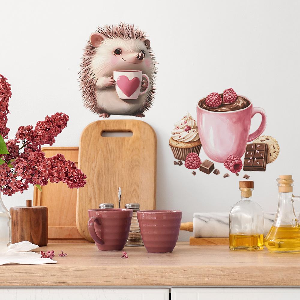 Cute Hedgehog Dessert Coffee Cup Kitchen Dining Room Home Background Beautification Wall Stickers