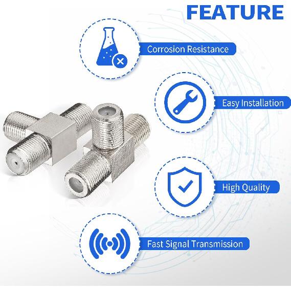Wlaniot F Type Splitter 3 Way F-Type Female To 2 Female Coaxial Connector Adapter T-Shape for TV Video VCR Antenna TV Cable Satellite Tuner Antenna