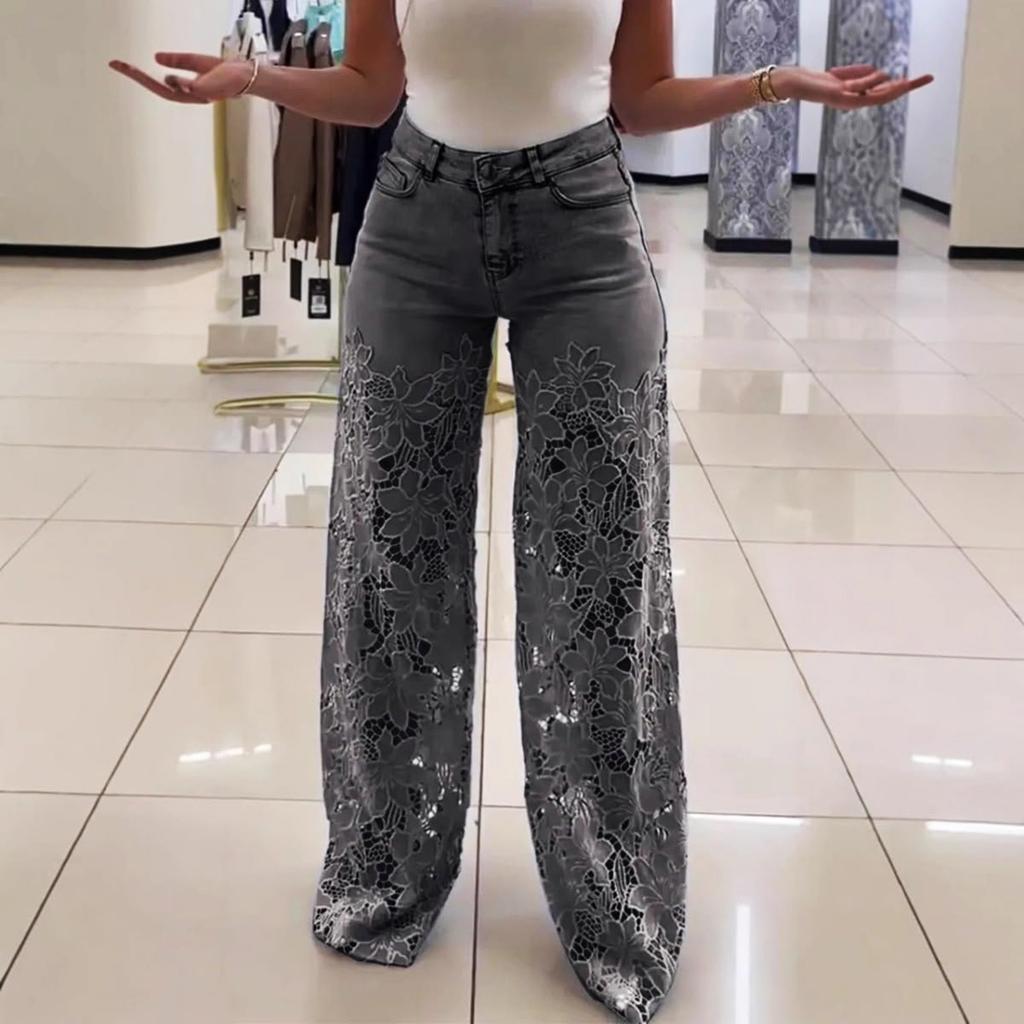 Einfarbige Freizeithose für Damen, vielseitige Slim Fit-Drapierungshose aus Spitze und Patchwork