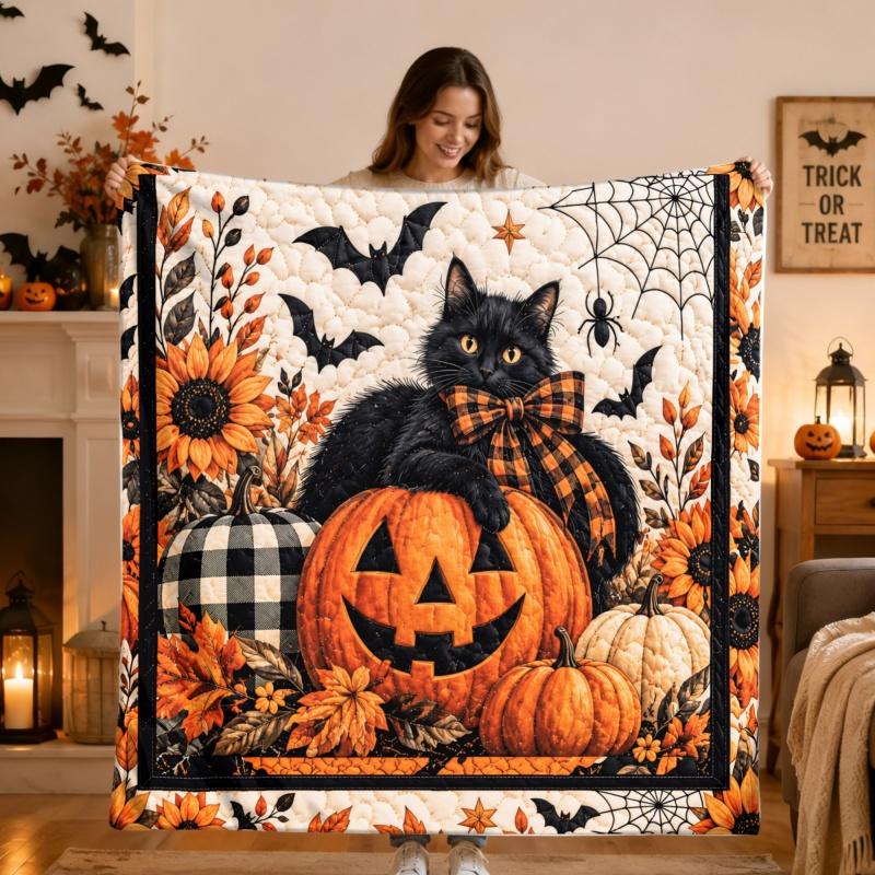 Halloween Black Cat Pumpkin Throw Blanket, Sunflower Bat Spider Web Print Quilted Blanket for Home Decor