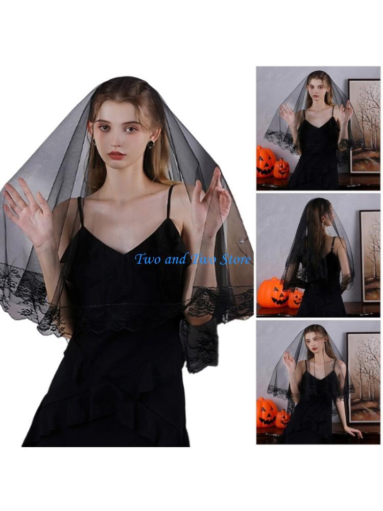 HX6F Gothic Black Wedding Veils with Seethrough Tulle Punk Headpiece for Halloweens CN