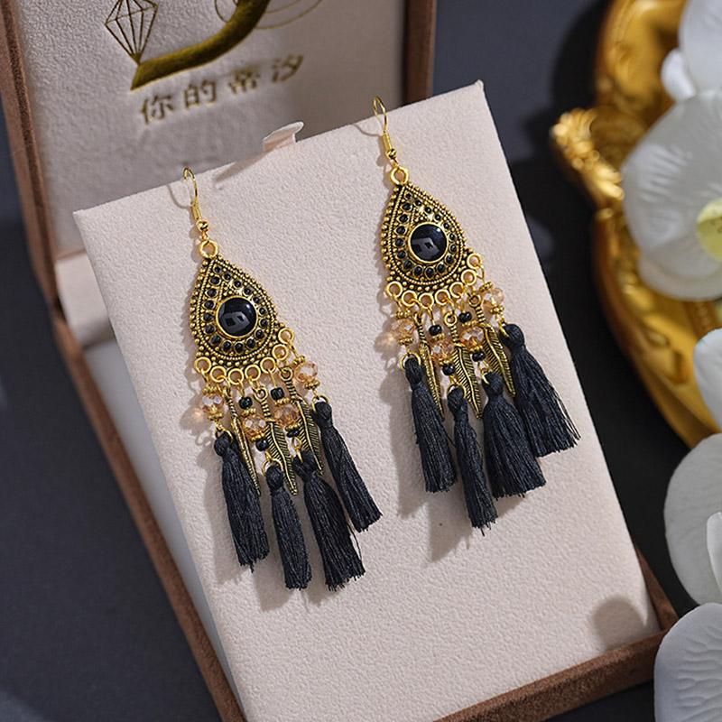 

Classic Vintage Bohemian Tassel Earrings for Women Crystal Bead Drop Oil Water Drop Earrings Party Vacation Daily Jewelry Gift чёрный