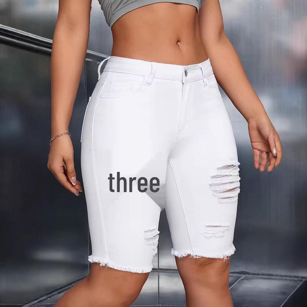 Women's White Frayed Retro Denim Capris with European Size and Ripped Details