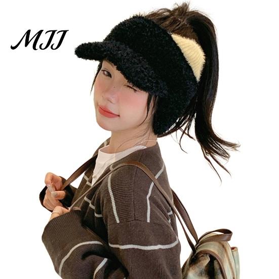 Thoughtful Gift for Besties Winter Visor Cap with Ear Flaps, Plush Beanies Brim, Open Top, Outdoor Sports Headwear Cute Cat Ears Warm Ponytail