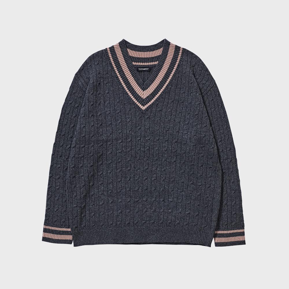 Testament Small Cable Lambswool V-Neck Oversized (Charcoal) Charcoal/M