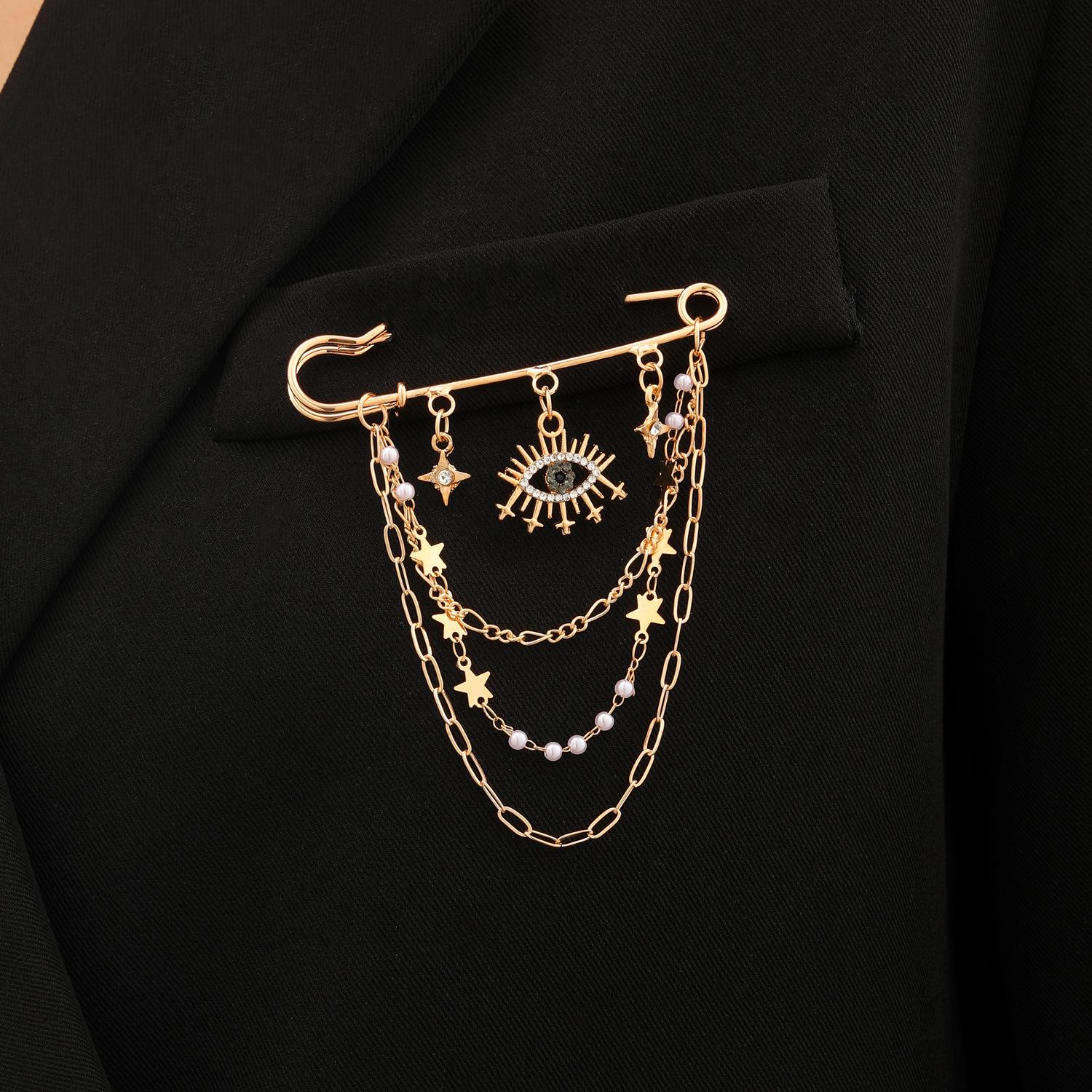 Evil Eye and Star Tassel Safety Pin Brooch with Pearl Accents for Women