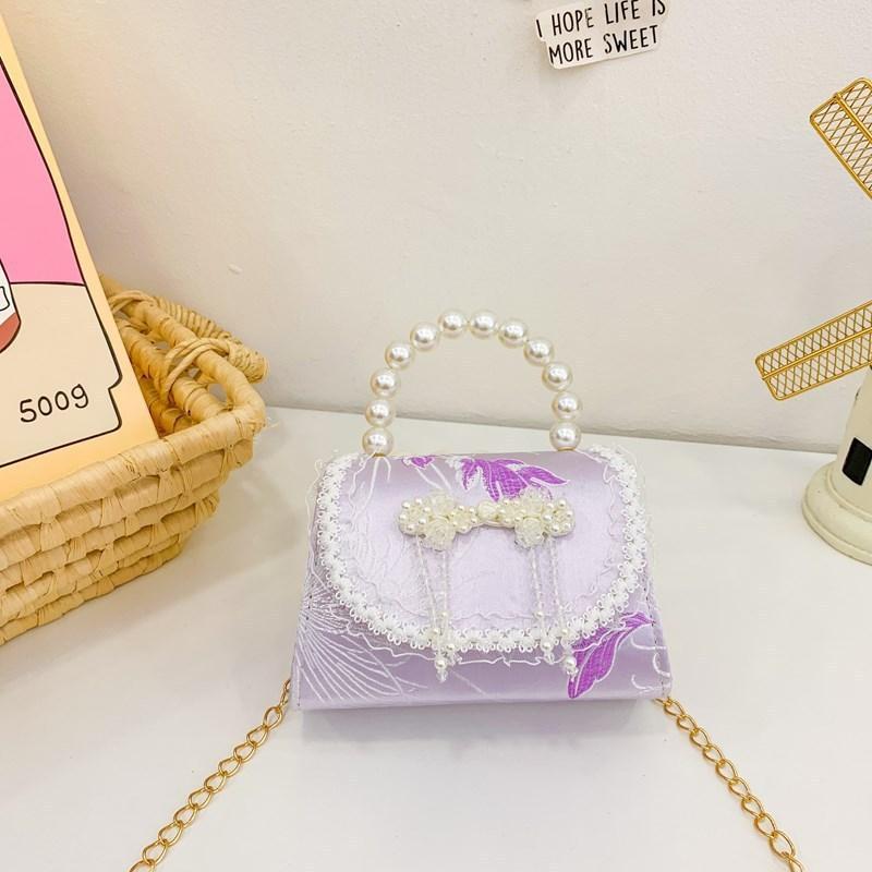 Childrens Cute Princess Crossbody Bag With Artificial Pearl Decoration And Embroidery Design For Daily Use