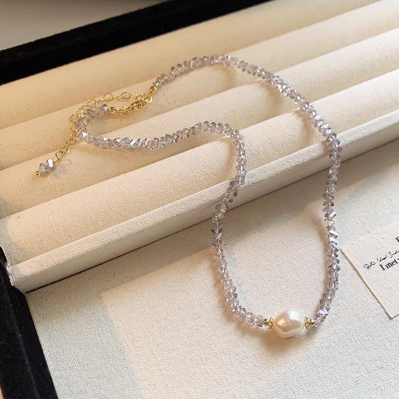 Womens Baroque Freshwater Pearl Crystal Beaded Clavicle Necklace