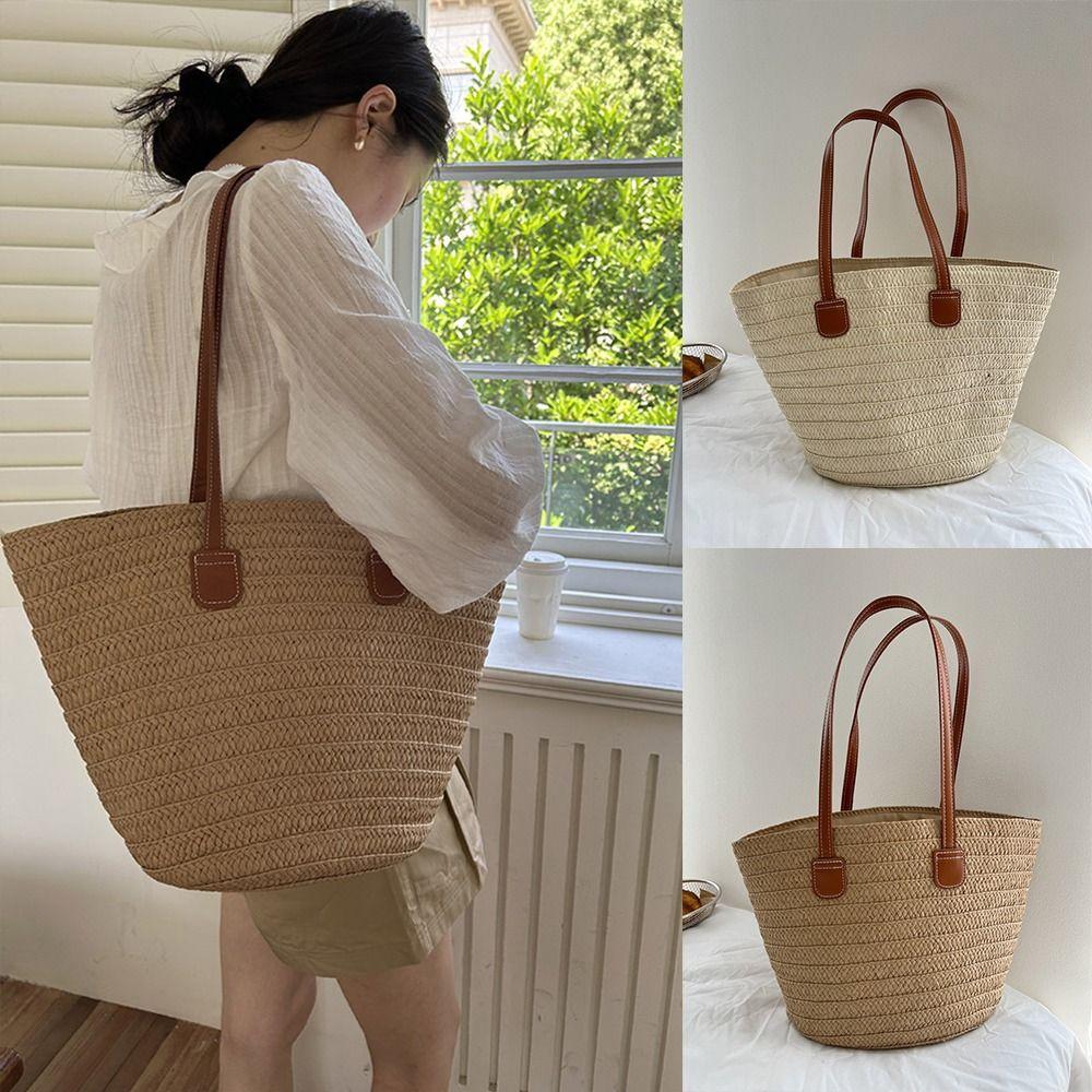 

Leisure Straw Weave Bag Summer Women s Tote Bag Fashion Basket Shoulder Bag Handbags бежевий