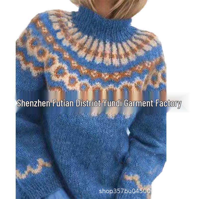 2025 Women's High Neck Jacquard Knit Sweater - Chunky European & American Style Pullover