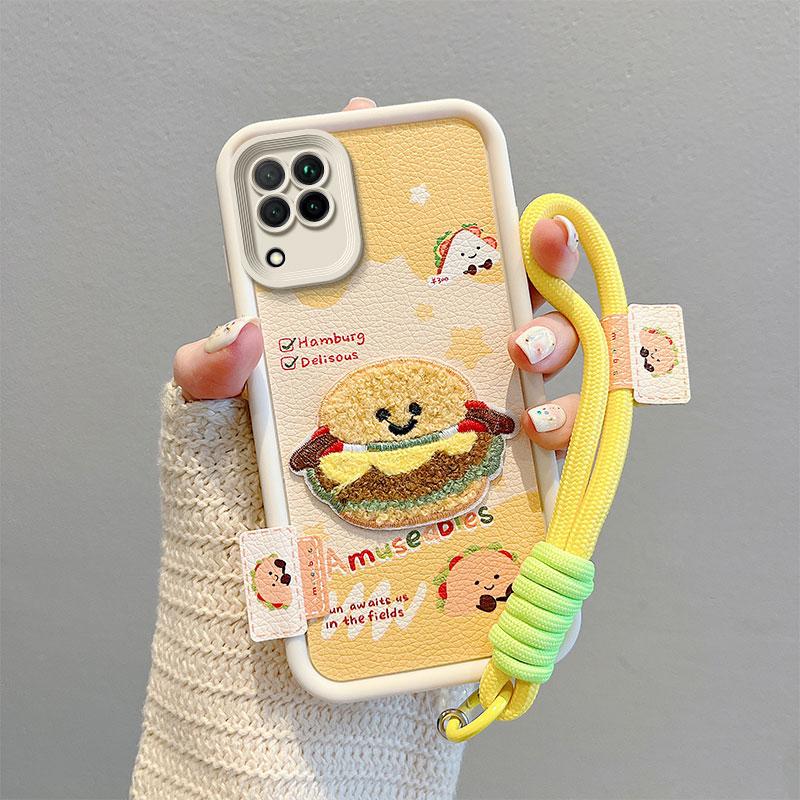 KEYSION Cartoon Cute Plush Embroidery Case for Samsung A12 with Lanyard Soft Silicone Shockproof Phone Back Cover for Galaxy M12