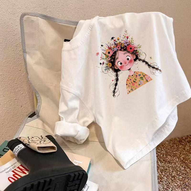 Children s 100% Pure Cotton Long Sleeve Cartoon T-Shirt - Trendy White Base Layer for Boys & Girls 160cm