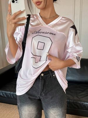 2025 Summer New York No.9 Fashion V-Neck Shirt For Women Loose Casual Breathable Quick Drying Fashion Sports T-Shirt And Jersey
