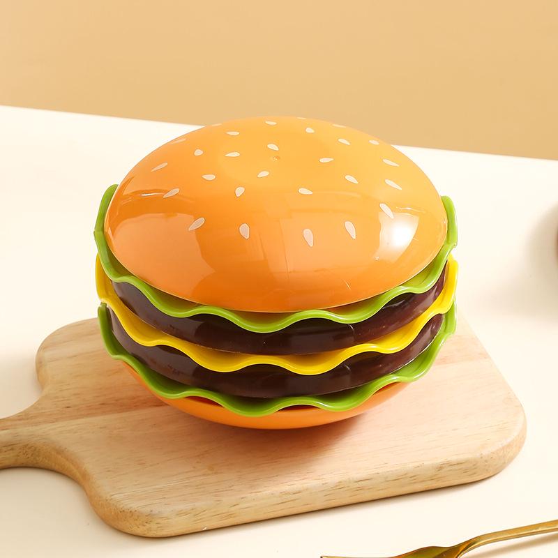 Cute Cartoon Tableware Set: Hamburger, Bone Dish, 7-Piece Set with Salad Bowl, Dessert Plate, and Seasoning Dish.