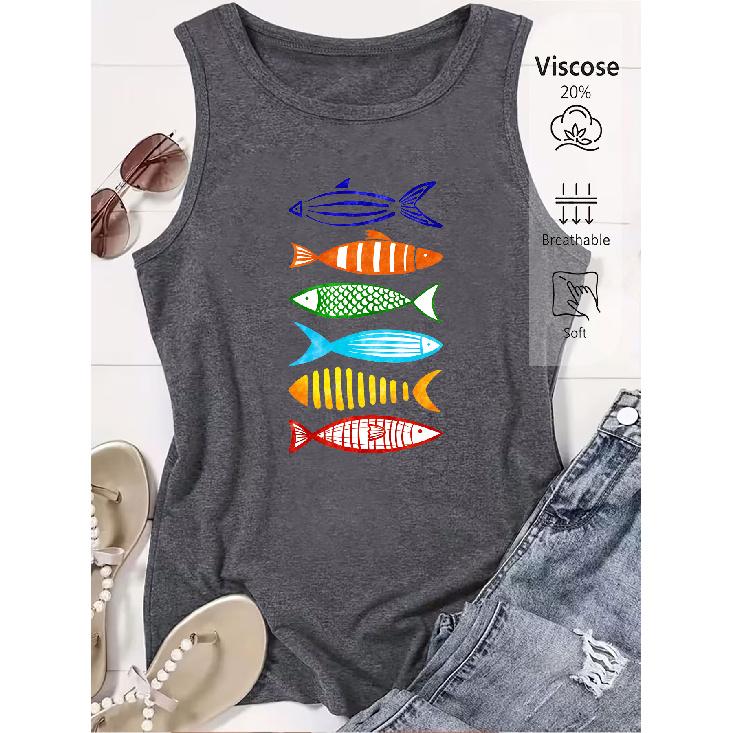 Women's sleeveless vest with watercolor line fish print, premium quality, fun and trendy, suitable for spring and summer.